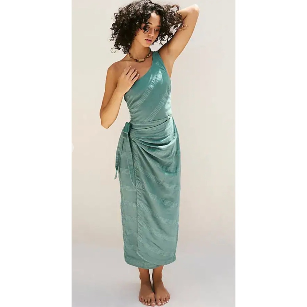 Free People Leisure Midi Dress One Shoulder Green Smocked Elastic Back Size XS